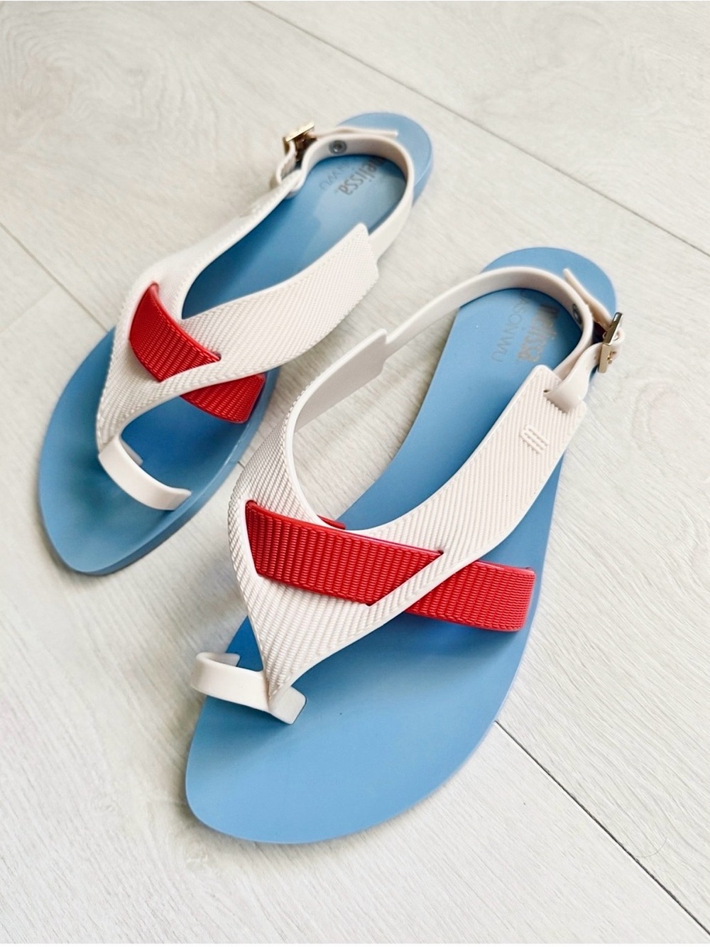 MELISSA + JASON WU Blue White and Red Textured Strip Sandals Brand New RARE Sz7